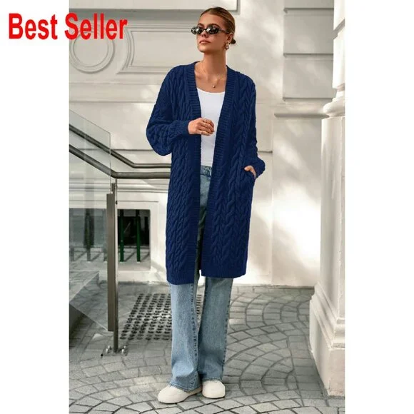 Oversized Cable Knit Cardigan Chunky Open Front Long Sleeve Sweater - Picture 7 of 8